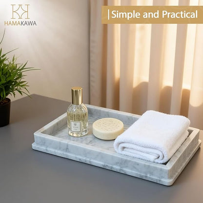 Large Natural Marble Bathroom Vanity Tray 12 inch, Carrara White Stone Jewelry Tray, Rectangle Sink Trays, Modern Tank Trays, Countertop Organizer for Soap Dispenser, Kitchen, Home Decor