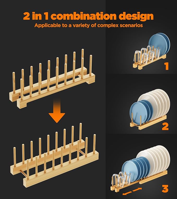BusyePa Dish Rack, Flexible Bamboo Dish Drying Rack Pot Lid Plate Stand Holder Adjustable Vertical Organizer Storage for Kitchen Cabinet Dish, Pot Lid, Bowl, Cup