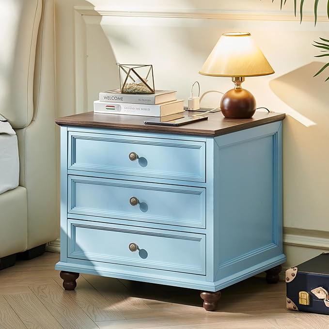 Joaxswe Farmhouse Nightstand with Charging Station, 24" Wide End Table with 3 Drawers,Light Blue Wood Dresser for Bedroom, Bed Side Table Chest of Drawers Cabinet,Night Stand for Living Room, Closet