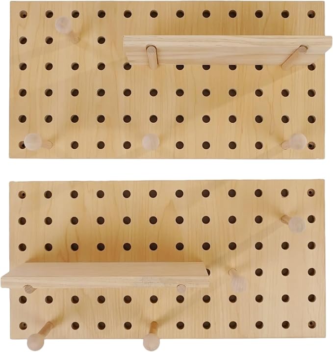Pegboard Organization Set 2-Pack Beige Wooden Pegboards with Shelves & Hooks | Creative Display & Storage Solution for Home, Office, Bathroom