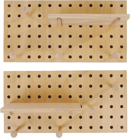 Pegboard Organization Set 2-Pack Beige Wooden Pegboards with Shelves & Hooks | Creative Display & Storage Solution for Home, Office, Bathroom