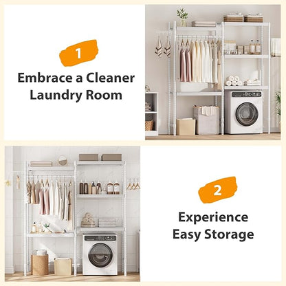 30" 5-Tier Over Washer Dryer Storage Shelf, Adjustable Laundry Room Shelves Organizer with Hanging Rod Hooks, Laundry Folding Station Rack for Top Load Machines, White