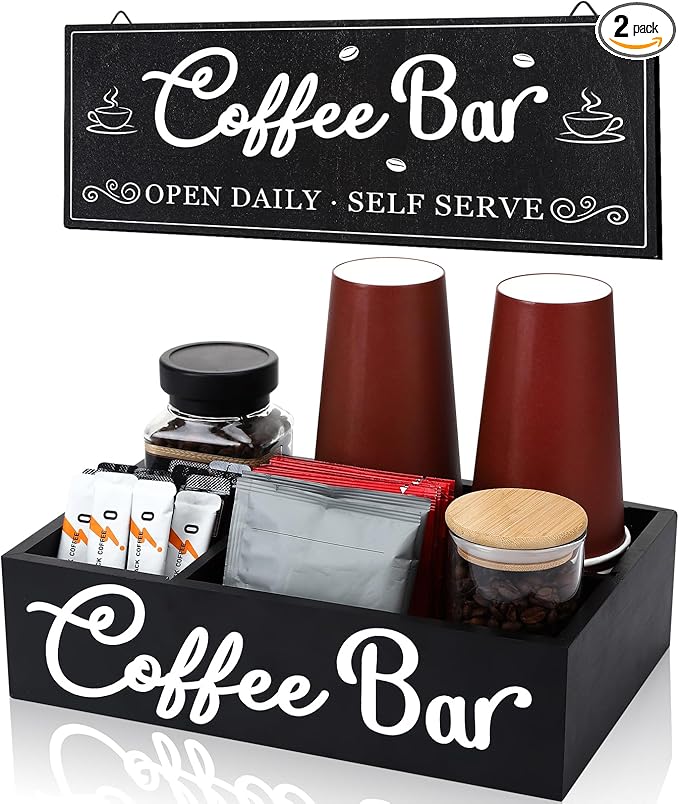 Coffee Bar Organizer for Countertop Coffee Station Organizer Wood Coffee Bar Sign with Removable Dividers for Pods Condiment Syrup Tea Cups Stirrers,Office Coffee Bar Decor