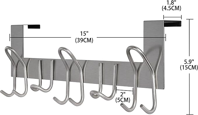 SKOLOO Over The Door Hooks - for Doors up to 1-3/4'' Thickness, Metal Door Hanger with 11 Hooks, Over The Door Hanger for Coats, Hats,Towels, Silver
