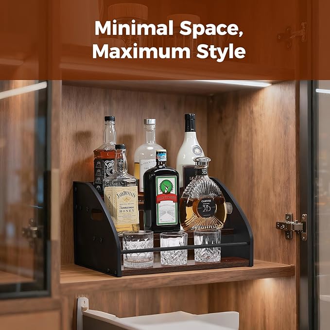 Liquor Bottle Display Shelf, 3 Tier Countertop Wine Rack, Coffee Syrup Rack Organizer Mini Bar Home, Whiskey Organizer with Handles, Retro Bar Shelf Stand for Liquor Spirits
