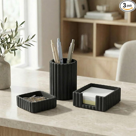 KIBAGA Modern Aesthetic Desk Accessories Set of 3 - Stylish Concrete Organizers for Pens & Office Supplies - A Cute and Functional Addition to Your Workspace Decor