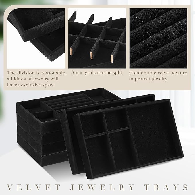 Junkin 18 Pcs Velvet Jewelry Tray Stackable Jewelry Drawer Organizer Jewellery Box Divided Display Tray for Earring Bangle(Black)