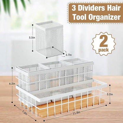 AceOrbit 2 Pcs Hair Tool Organizer Countertop Breathable Metal & Bamboo Hot Tools Organizer Under Sink Bathroom Hair Dryer Holder Countertop Brush Comb Holder,Makeup Tray (Natural Bamboo,White)