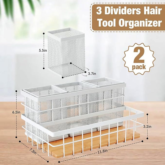 AceOrbit 2 Pcs Hair Tool Organizer Countertop Breathable Metal & Bamboo Hot Tools Organizer Under Sink Bathroom Hair Dryer Holder Countertop Brush Comb Holder,Makeup Tray (Natural Bamboo,White)