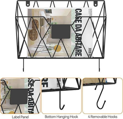 CADUKE 6 Pack Wall File Organizer, Metal Hanging Folder Holder Mail Magazine Organizer Wall Mounted with Hooks & Label Panels for Office Home, Black