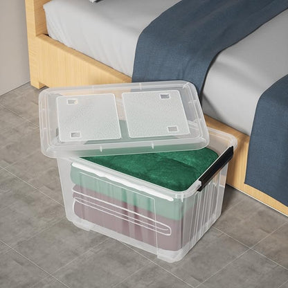 Qqbine 50 Quart Large Plastic Latching Box with Lid, Clear Storage Bin with Wheels, Stackable, 4 Packs