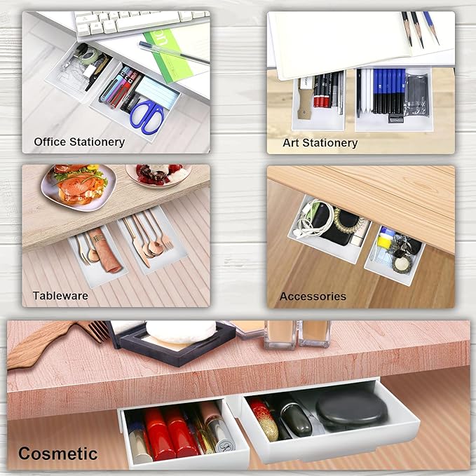 YOOUSOO 2 Pack Under Desk Storage Drawer Organizer, Hidden Slide Out Drawer Attachment, with Self - Adhesive Feature for Desktop and Table Organization, Hidden Under Desk