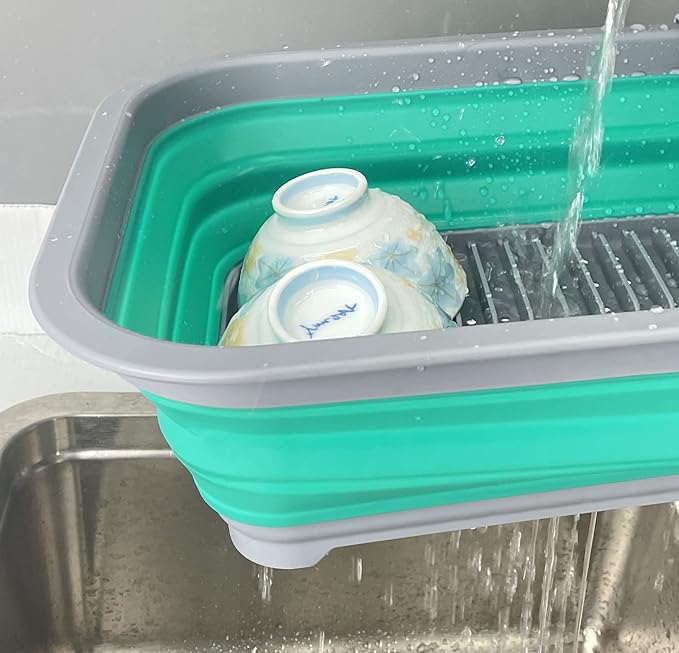SAMMART Collapsible Plastic Dish Drainer - Foldable Drying Rack Set - Portable Dinnerware Organizer - Space Saving Dishes and Utensil Kitchen Storage (1, Dark Grey/Bluish-Green (w/o Base Board))
