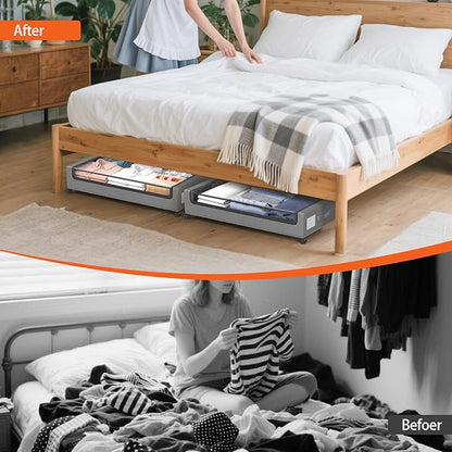 Under Bed Storage Containers with Wheels - Foldable Organizer Bins for Blankets, Clothes, Shoes, Toys, and Comforters.Capacity, Space Saving, Easy Pull Out, Clear PVC (Gray-1)