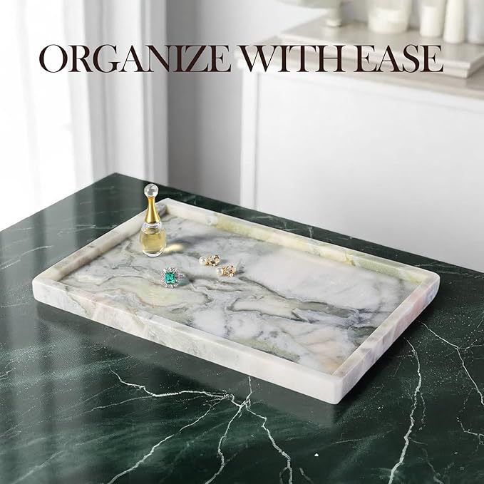 Koville Natural Marble Tray, 12x8“ Coffee Table Vanity/Decorative Tray for Jewerly, Watch, Perfume Candle Storage for Bedroom/Bathroom/Kitchen Countertop