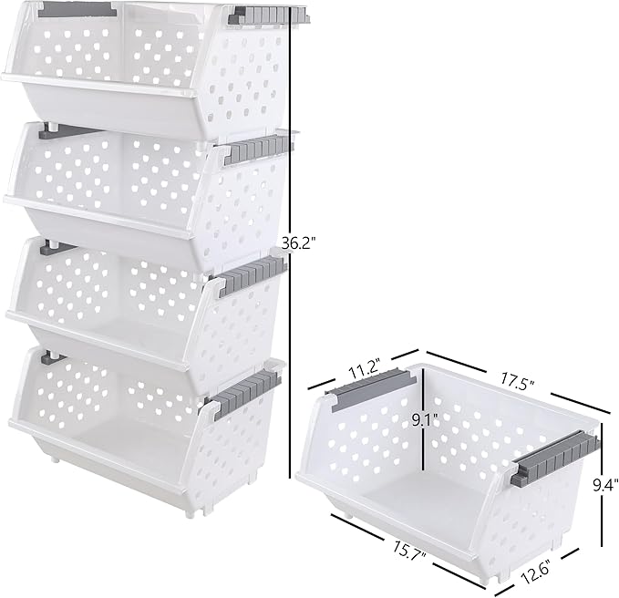 4 Pack White Large Plastic Stackable Storage Bins, Organizer Kitchen Stacking Basket Bin