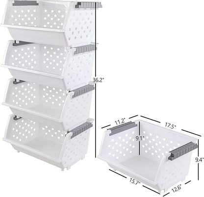 4 Pack White Large Plastic Stackable Storage Bins, Organizer Kitchen Stacking Basket Bin