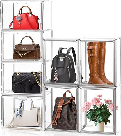 10 Pack Purse Organizer for Closet, 14.1''x8.6''x10.9 '' Clear Acrylic Display Case with Magnetic Door, X-Large Plastic Stackable Handbag Organizer for Collectibles, Figures, Size 14 Shoes, Cosmetic