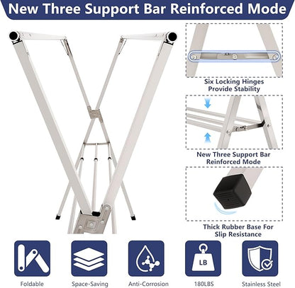 63 inches Foldable Clothes Drying Rack, Heavy Duty Stainless Steel Laundry Drying Rack for Indoor Outdoor,Clothes Rack Adjustable Length. 3 Additional Reinforcement Bars with 20 Windproof Hooks
