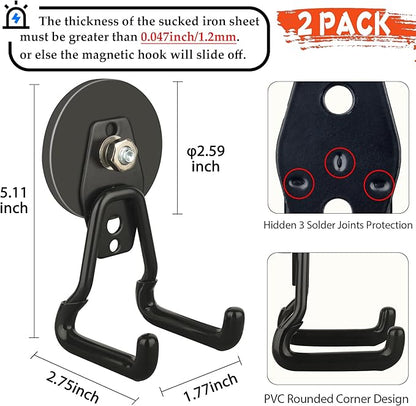 ULIBERMAGNET New Upgraded Large Magnetic Hooks,Strong Heavy Duty Magnet Hooks for Power Drill,Broom,Garden Tools, Pegboard, Garage, Workshop,Hardware, 2 Pack Magnet Storage Holder for Hanging(Black)