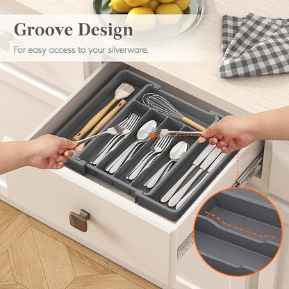 Lifewit Silverware Drawer Organizer, Expandable Utensil Tray for Kitchen, BPA Free Flatware and Cutlery Holder, Adjustable Plastic Storage for Spoons Forks Knives, 8.5"-14.1" x 12.1", Dark Gray