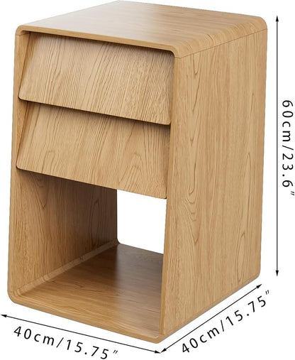 Small Nightstand Set of 2, Boho Bedside Table, Wooden Night Stand with Storage, Mid Century Modern Bed Side Table, Wood End Table with Slanted 2 Drawers, Bedroom, Natural, Oak