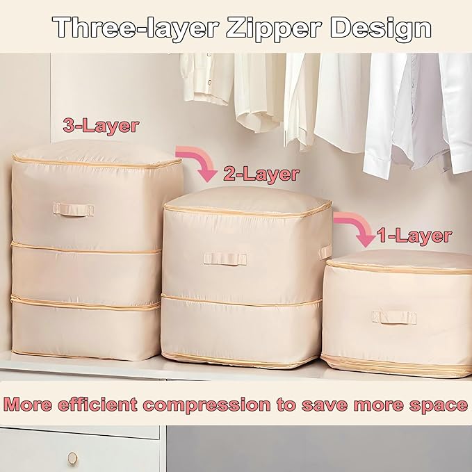 Ultra Space Saving Self Compression Organizer, 3-Layer Zipper Large Capacity Storage Bag, Thick Satin Fabric Heavy Duty Bags for Comforters Blankets Bedding Duvet (Gray, X-Large, 21x17x24in)
