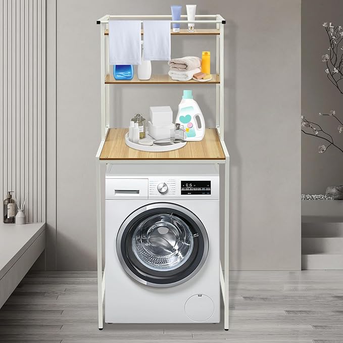 Over Washer and Dryer Shelves, 3 Tiers Laundry Room Storage and Organizer Standing Shelf, Metal Freestanding Clothes Drying Rack, Space Saving Organizers Shelf 27.1" W x 23.6" D x 69.5" H (Brown)