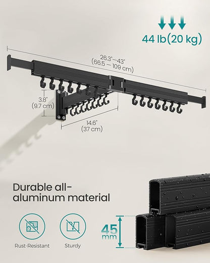 SONGMICS Clothes Drying Rack, Wall-Mounted Laundry Drying Rack, Extendable, Foldable Arms, with 21 Swivel Sliding Hooks, Space-Saving, for Laundry Room, Bathroom, Ink Black ULLR807B01