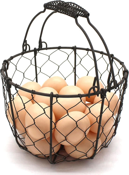 CVHOMEDECO. Round Chicken Wire Egg Basket Fruit Basket with Swing Handles Primitives Vintage Gathering Basket. Rusty