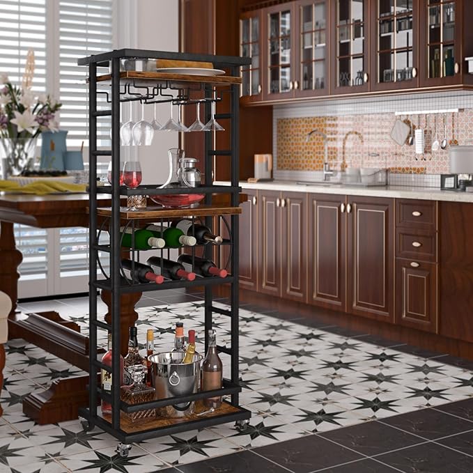 4 Tier Bar Cart for Home with Wheels,Home Bar Serving Cart, Rolling Mini Wine Cart with Wine Rack and Glass Holder, Drink Cart for Dining Room, Living Room, Kitchen, Bar and Outdoor, Rustic Brown