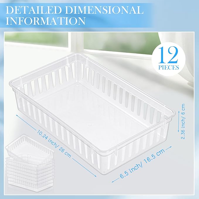 Wenqik Set of 12 Plastic Baskets for Organizing 10.24 x 6.5 x 2.36 Inch Rectangular Trays Plastic Organizer Bins Rectangle for Desk Organization(Clear)