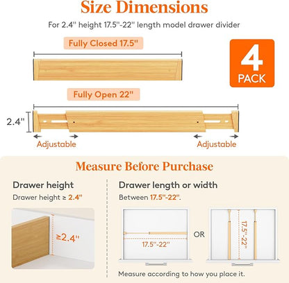 Lifewit 4 Pack Bamboo Drawer Dividers 2.4" High, 17.5-22" Kitchen Drawer Organizers, Adjustable Wooden Drawer Dividers for Clothes, Expandable Drawer Separators for Dresser, Bedroom, Bathroom, Cabinet