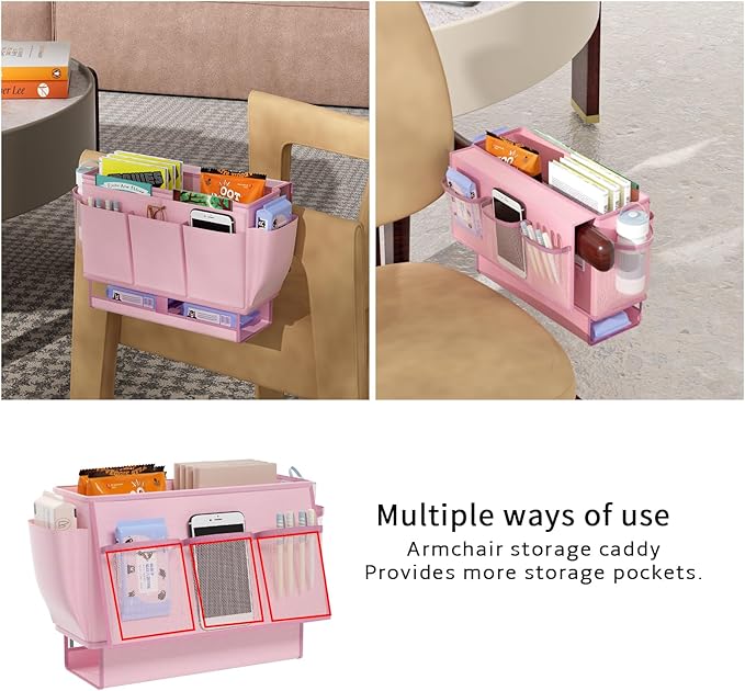 Frjjthchy Bedside Caddy, Bed Organizer with 11 Pockets and Power Strip Holder, Versatile Bedside Storage Caddy for Home,Dorm,Bunk,Hospital,Crib Bed (2 Pack Pink)