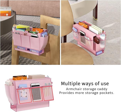 Frjjthchy Bedside Caddy, Bed Organizer with 11 Pockets and Power Strip Holder, Versatile Bedside Storage Caddy for Home,Dorm,Bunk,Hospital,Crib Bed (2 Pack Pink)