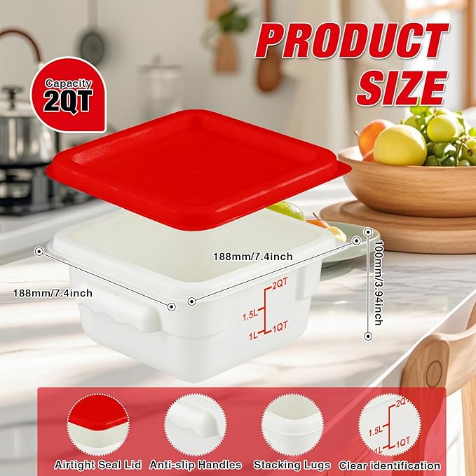 WELKOR Square Food Containers with Lids 4-Pack, Commercial Grade Airtight Plastic Bins for Restaurant Kitchen Pantry Storage, Freezer & Dishwasher Safe (Red, 2QT-4PACK)