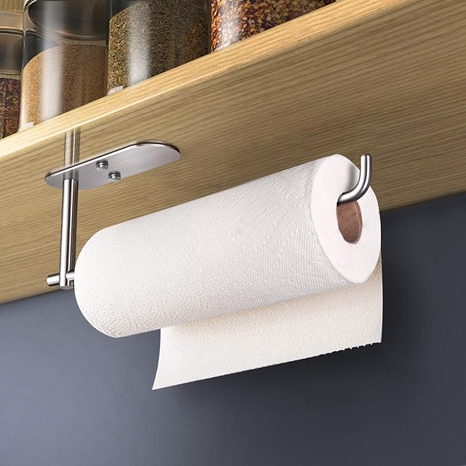 VAEHOLD Self Adhesive Paper Towel Holder Under Cabinet Mount, Wall Mounted Paper Towel Roll Holder for Kitchen, Bathroom, Wall - SUS304 Stainless Steel (Silver)
