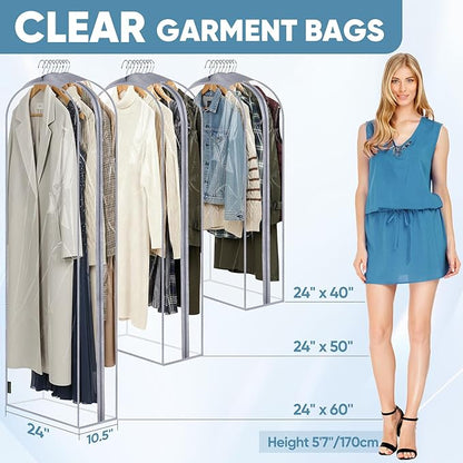 BALEINE 40'' Clear Garment Bags for Hanging Clothes, 10.5'' Wide PEVA Suit Bag for Closet Clothes Dresses Coat (Clear, 9PK)