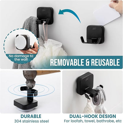 TAILI Patented Strong Suction Cup Hook, 304 Stainless Steel Bathroom Suction Cup Holder for Towel, Loofah, Bathrobe, Damage-Free Hanging Shower Wall Hook, Double-Hook Widening Design, 2 Pack, Black