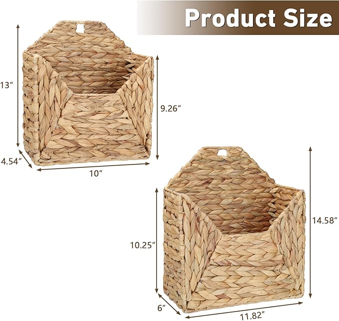 Wall Mounted Storage Baskets, 2PCS Handmade Water Hyacinth Storage Baskets Wall Hanging Organizing Container for Living Room,Bedroom,Kitchen (Large+Small)