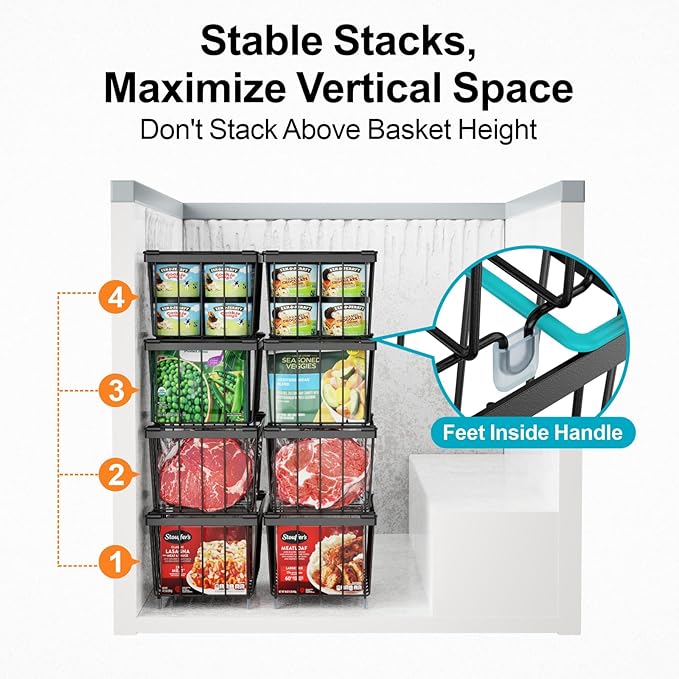 iSPECLE Freezer Storage Bins - 6 Pack Small Stackable Deep Freezer Organizer Bins for Most 7 Cu.FT Chest Freezer Sort Frozen Food, Freezer Basket with Handles Easy to Get Food from Bottom, Black