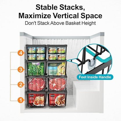 iSPECLE Freezer Storage Bins - 6 Pack Small Stackable Deep Freezer Organizer Bins for Most 7 Cu.FT Chest Freezer Sort Frozen Food, Freezer Basket with Handles Easy to Get Food from Bottom, Black