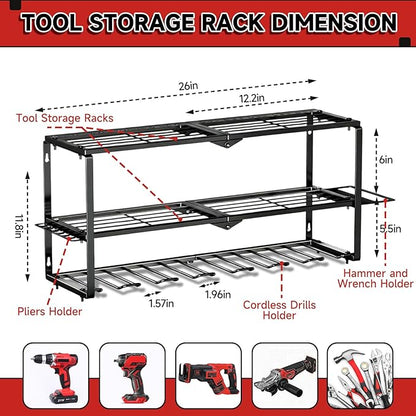 Power Tool Organizer Wall Mount, 150Lbs 3 Layer Metal Tool Storage Rack with 7 Cordless Drill Holder Heavy Duty, Battery Drills Storage Tool Organizer for Workshop,Garage,Tool Room,Pegboard