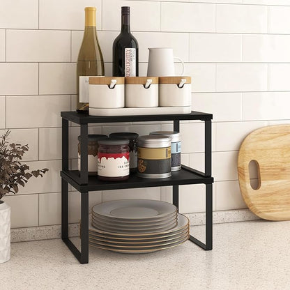 Selefrecos Kitchen Cabinet Organizer Shelf Set of 4, Sturdy Kitchen Counter Shelves with Metal Legs, Stackable Expandable Wood Spice Rack Pantry Cupboard Dish Mug Cup Storage Organizer Shelf, Black