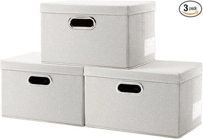 PRANDOM Storage Boxes with Lids [3-Pack] Linen Fabric Foldable Storage Bins Organizer Containers Baskets Cube with Cover for Closet Office Nursery Beige（11.4X8.6X6.7