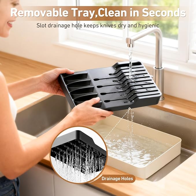 MAD SHARK 2-in-1 Detachable Knife Block & Silverware Organizer, Drawer Knife Holder for 10 Knives, BPA-Free, Blade-Safe Slots, Save Counter Space, Kitchen Drawer or Counter Storage, No Knives
