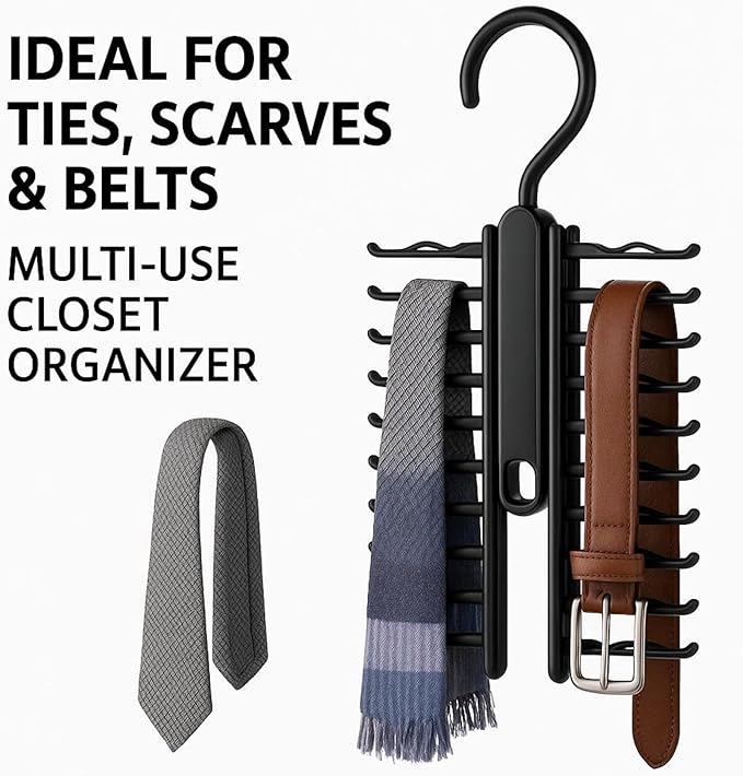 LEYDT Tie Hanger for Men – 2 Pack Space-Saving Tie Organizer for Closet – Durable Plastic Scarf & Belt Hanger – 20-Tie Capacity Rack, Black – Closet Organizer for Ties, Scarves & Accessories