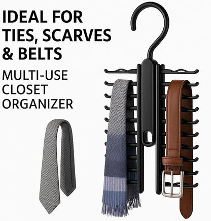 LEYDT Tie Hanger for Men – 2 Pack Space-Saving Tie Organizer for Closet – Durable Plastic Scarf & Belt Hanger – 20-Tie Capacity Rack, Black – Closet Organizer for Ties, Scarves & Accessories