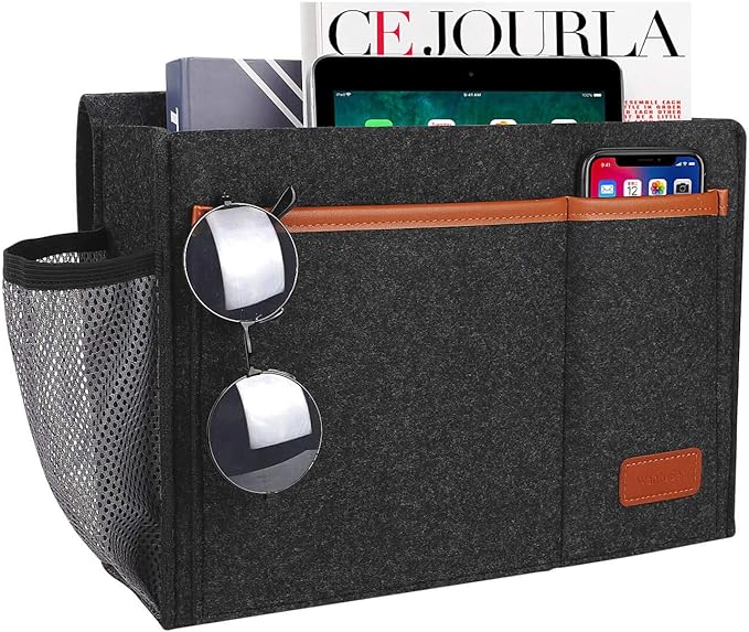 WantuSee Bedside Caddy, Bed Storage Organizer for Remote Controller, Books, Magzine, Laptop Holder, 12.4'' x 8.6'' inch Bedside Hanging Felt Storage Bag for Dorm Bed with 5 Pockets, Dark Gray