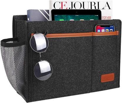 WantuSee Bedside Caddy, Bed Storage Organizer for Remote Controller, Books, Magzine, Laptop Holder, 12.4'' x 8.6'' inch Bedside Hanging Felt Storage Bag for Dorm Bed with 5 Pockets, Dark Gray